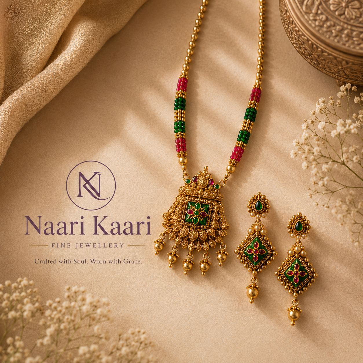 Gold Temple Jewelry Long Necklace Set with Diamond-Shaped Earrings