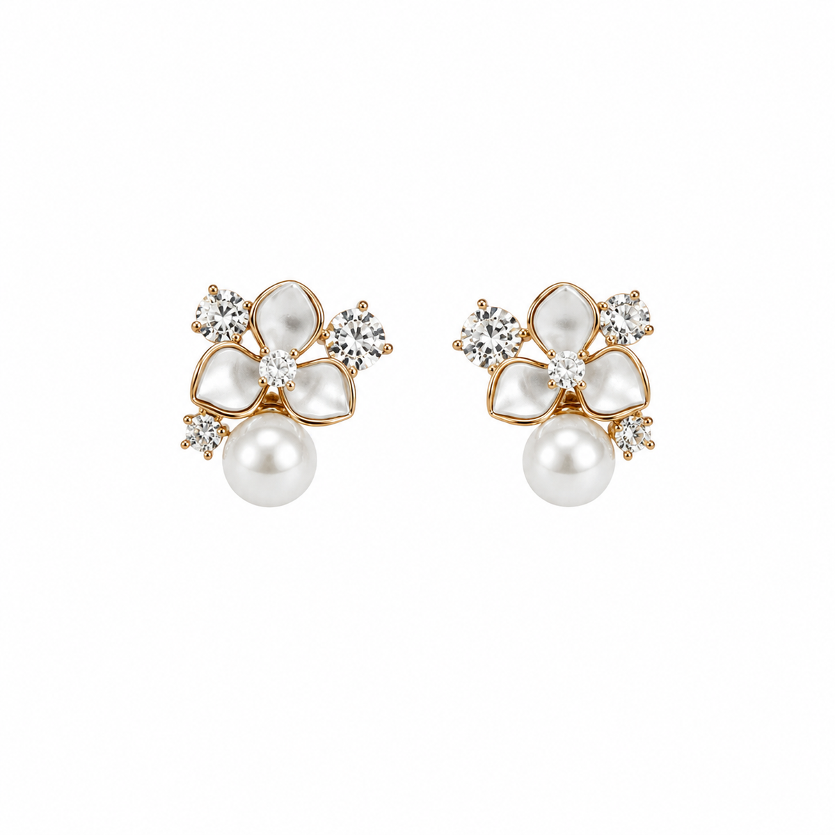 White Enamel Flower Crystal Stud Earrings with Pearl Drop
