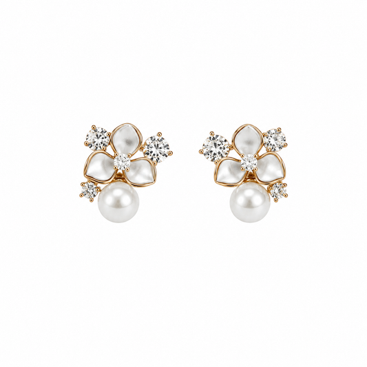 White Enamel Flower Crystal Stud Earrings with Pearl Drop